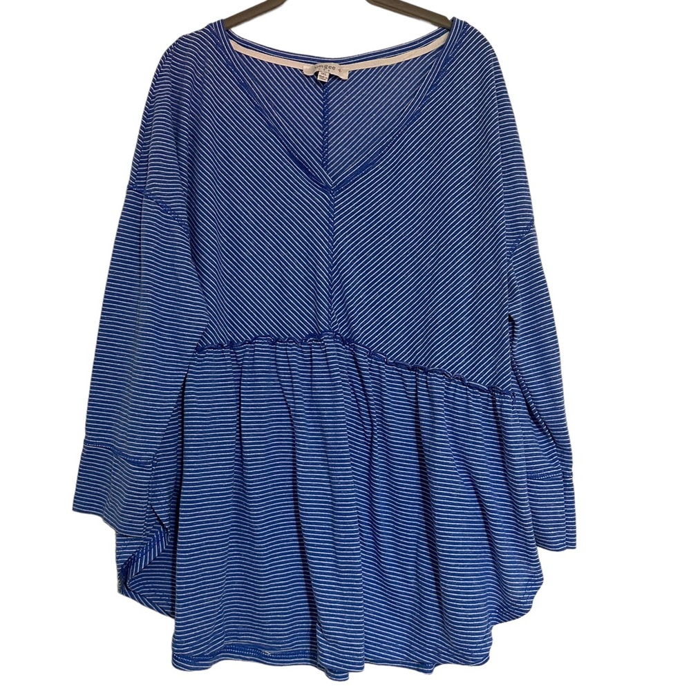 Umgee Womens Plus Size 1XL Blue Striped Blouse Relaxed Fit V Neck Babydoll EUC
